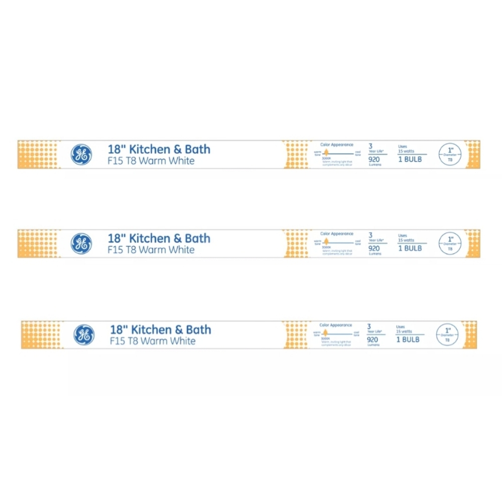 NEW GE 18" Kitchen & Bath 15W Warm White F15 T8 Light Bulb F15T8/KB 21326 3 Pack